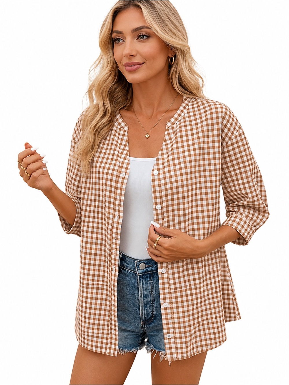 Lomon Brown and White Gingham Button-Front Top L - Picture 4 of 9